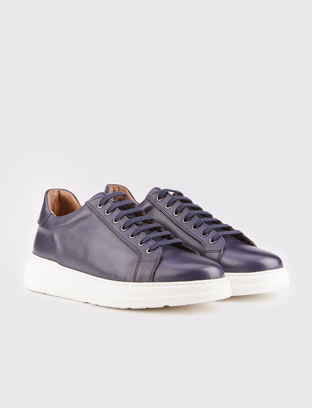 Men's White-Soled Genuine Leather Navy Blue Lace-up Athletic Shoes