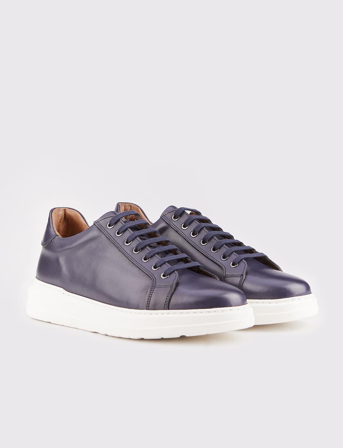 Men's White-Soled Genuine Leather Navy Blue Lace-up Athletic Shoes