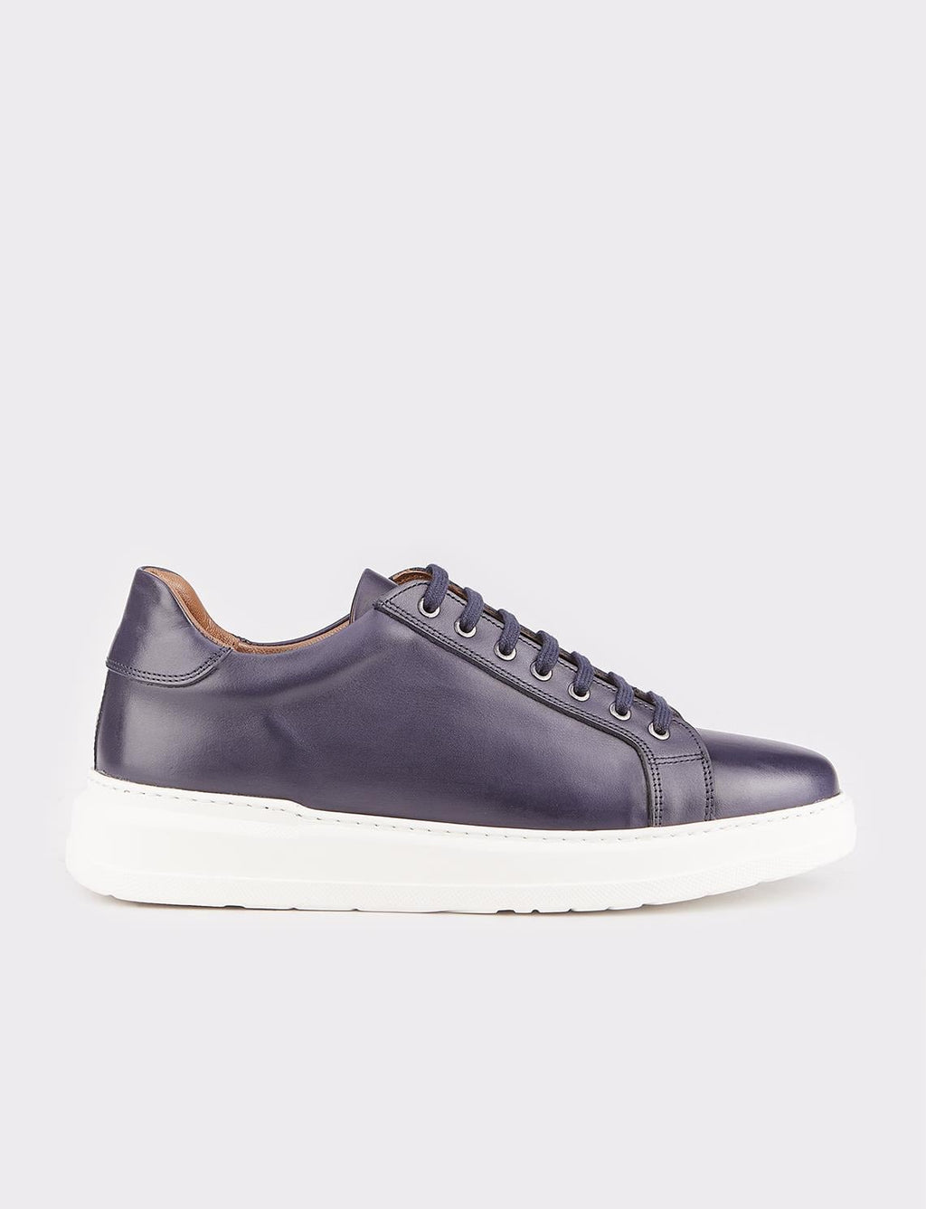 Men's White-Soled Genuine Leather Navy Blue Lace-up Athletic Shoes