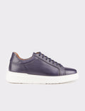 Men's White-Soled Genuine Leather Navy Blue Lace-up Athletic Shoes