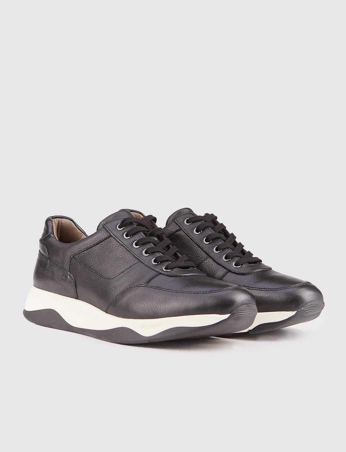 Men's Genuine Leather Ready-Made Sole Black Lace-Up Athletic Shoes