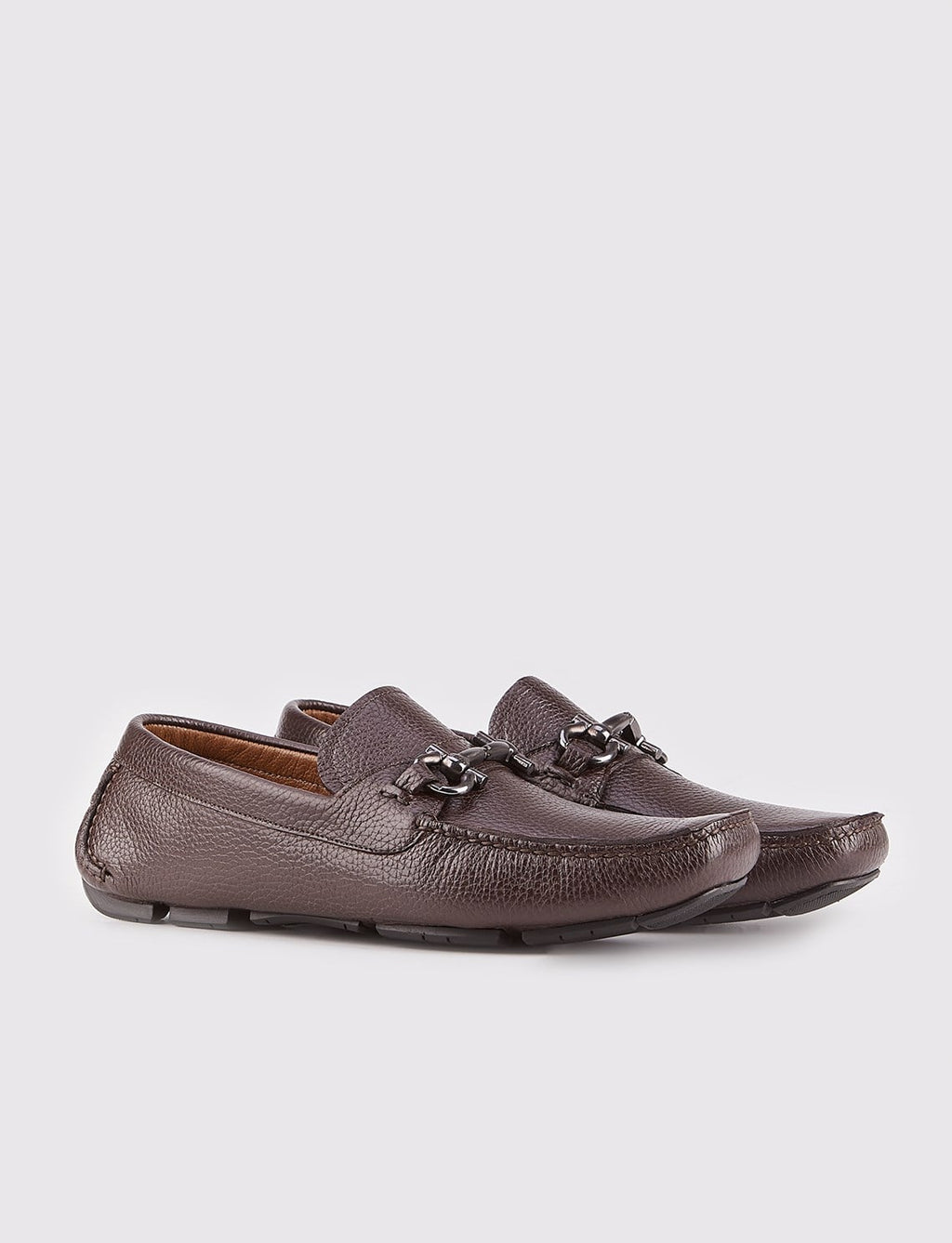 Men's Genuine Leather Brown Loafer Shoes with Buckle Detail