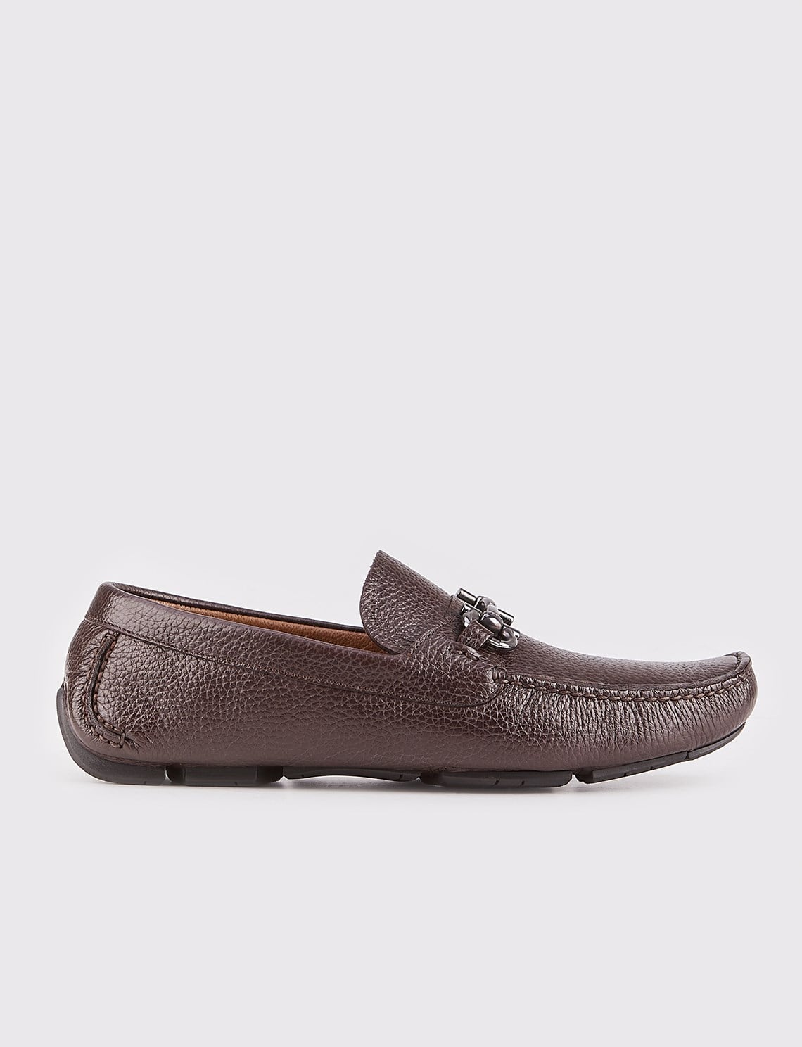 Men's Genuine Leather Brown Loafer Shoes with Buckle Detail