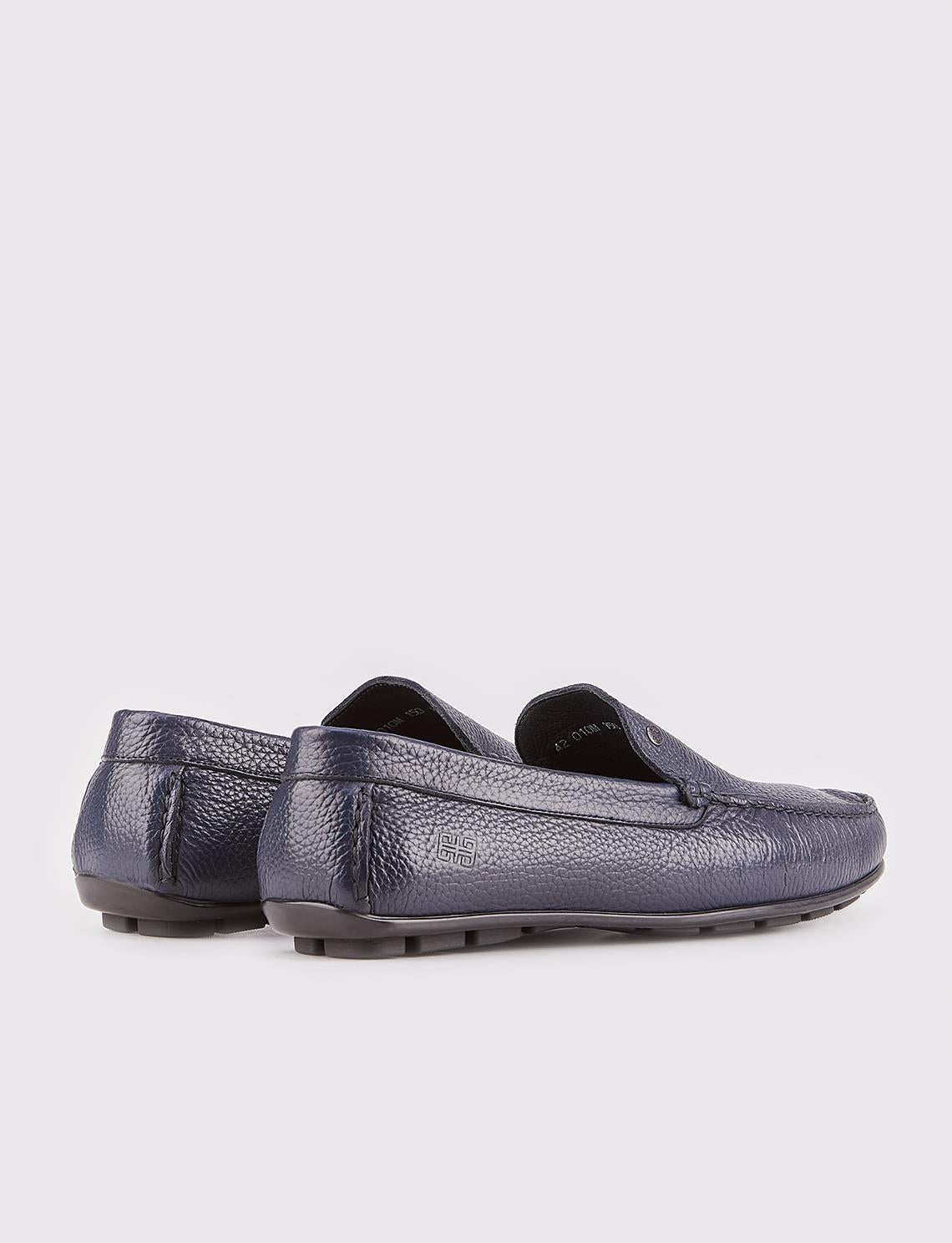 Men's Genuine Leather Navy Blue Loafer Moccasin Shoes