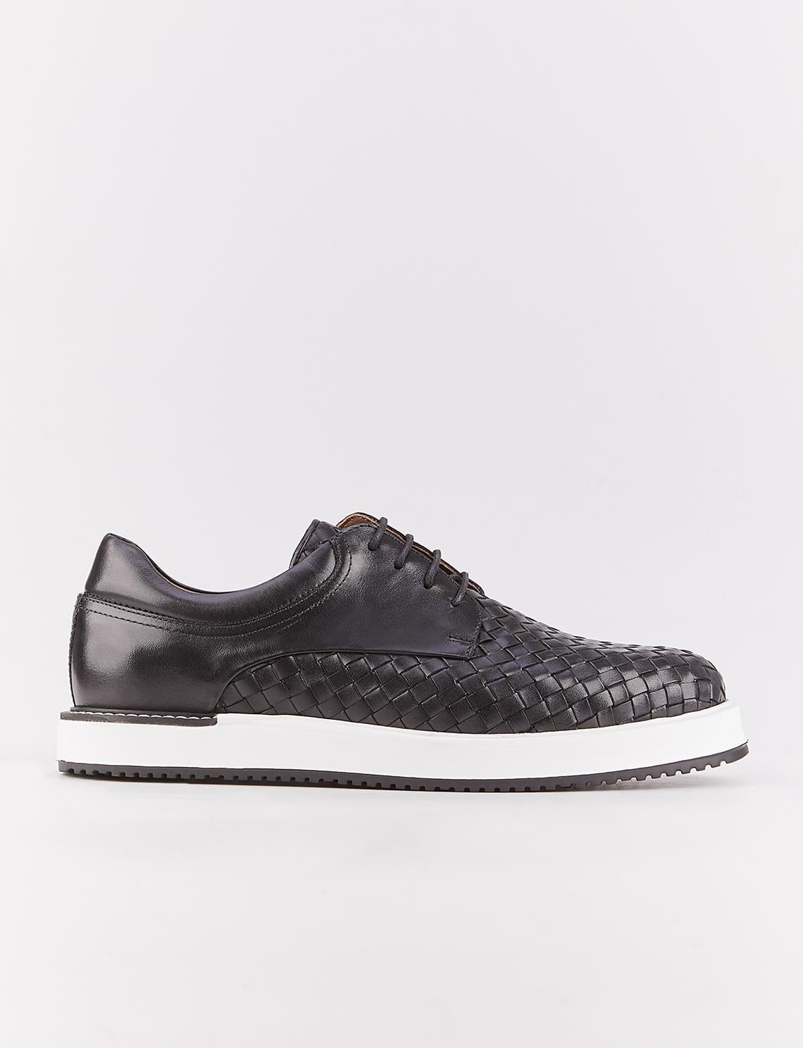 Men's Genuine Leather Black Braided Lace-up Casual Shoes