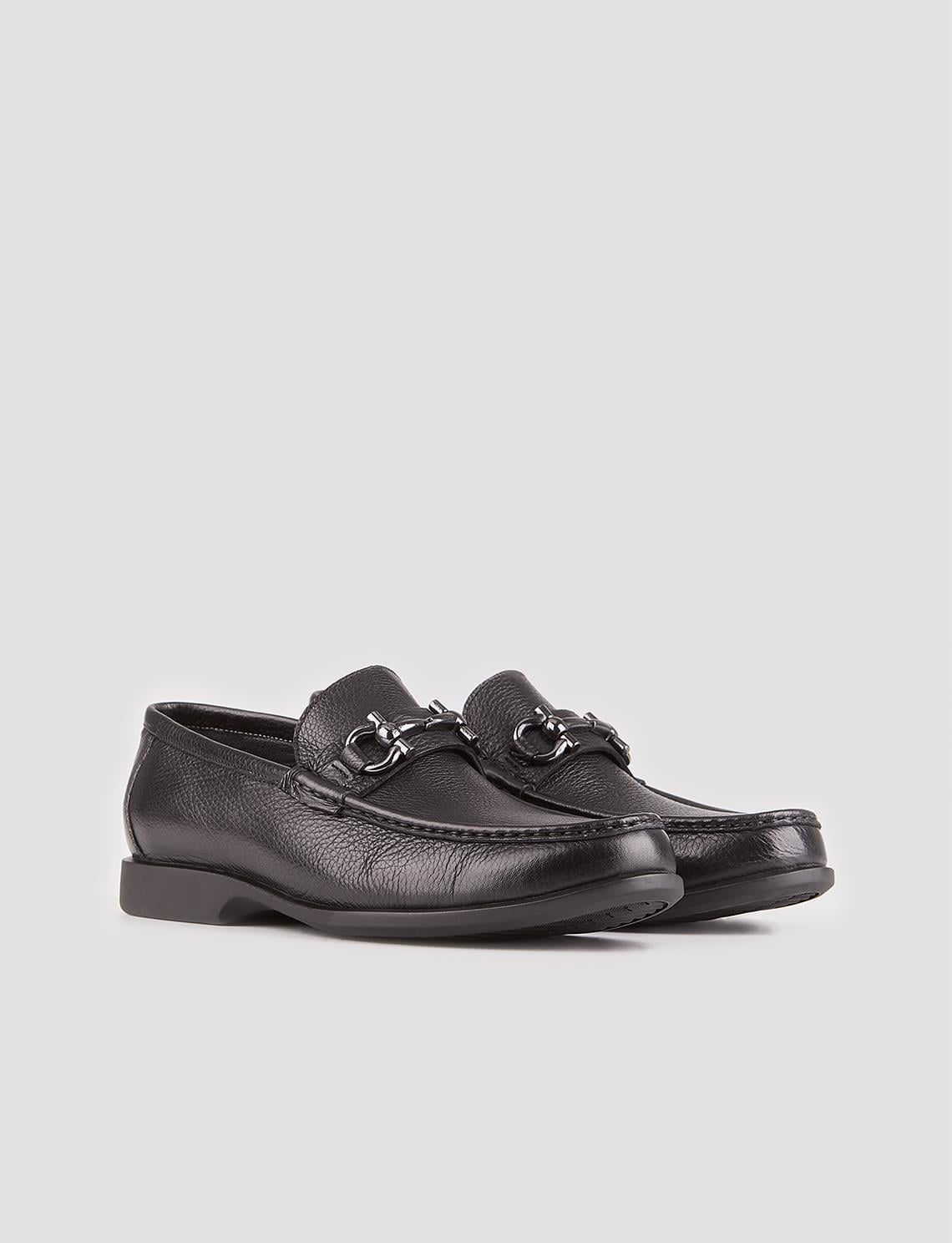 Men's Genuine Leather Black Casual Loafer Shoes with Buckle Accessory