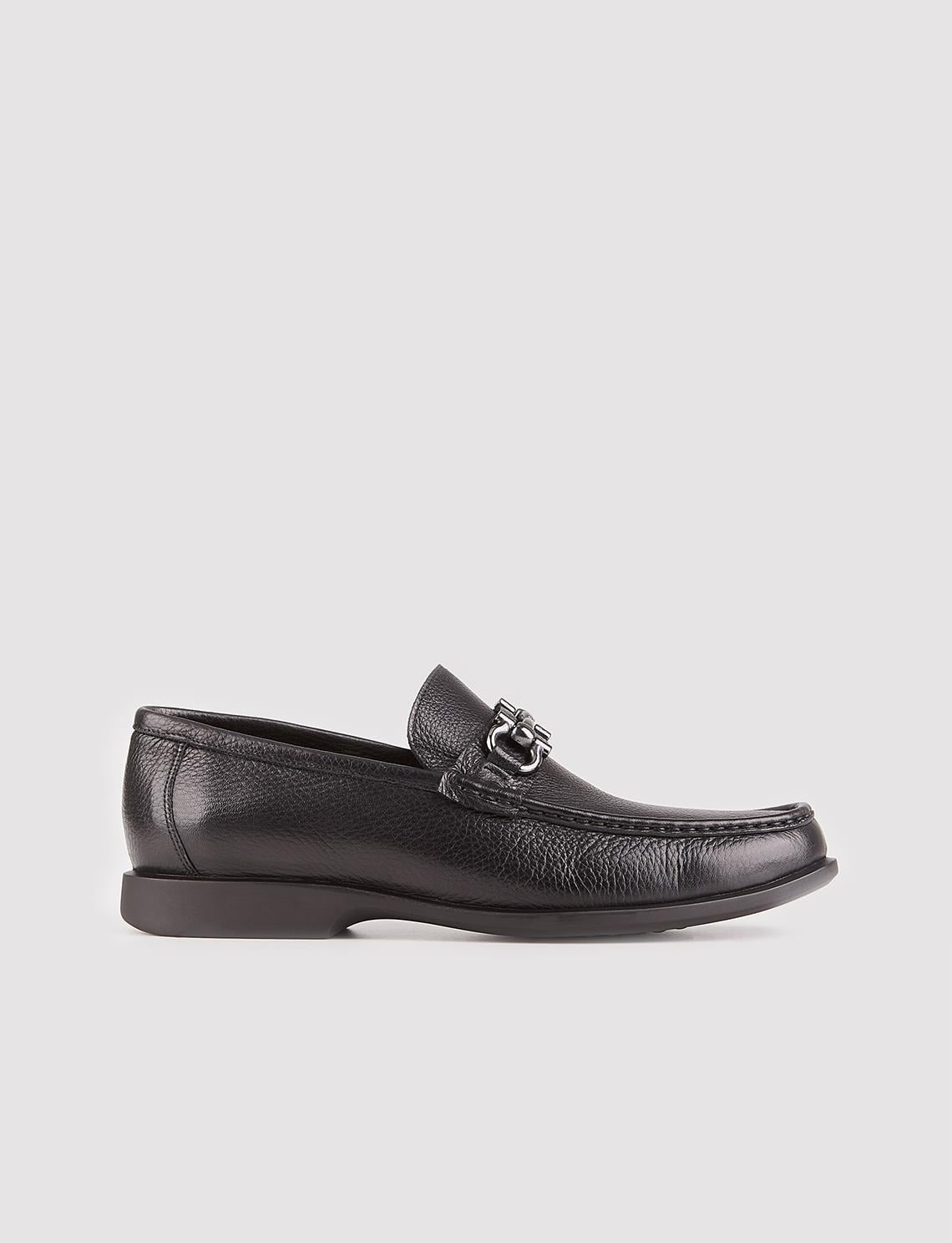 Men's Genuine Leather Black Casual Loafer Shoes with Buckle Accessory