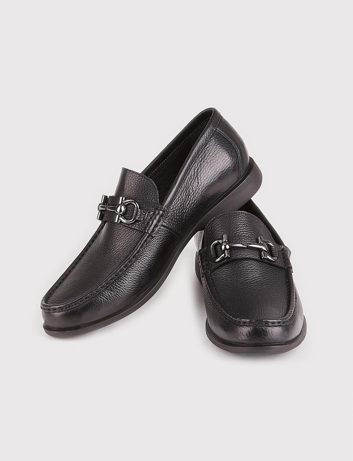 Men's Genuine Leather Black Casual Loafer Shoes with Buckle Accessory