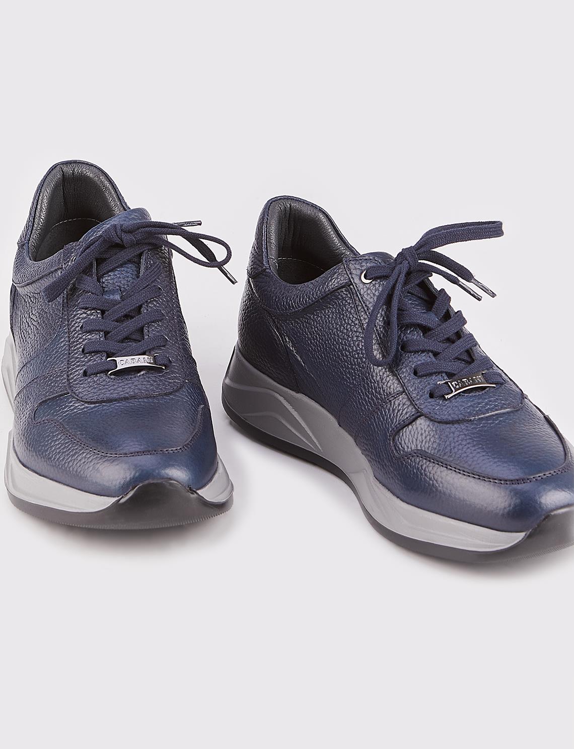 Genuine Leather Navy Blue Lace-up Men's Sports Shoes with Custom Design