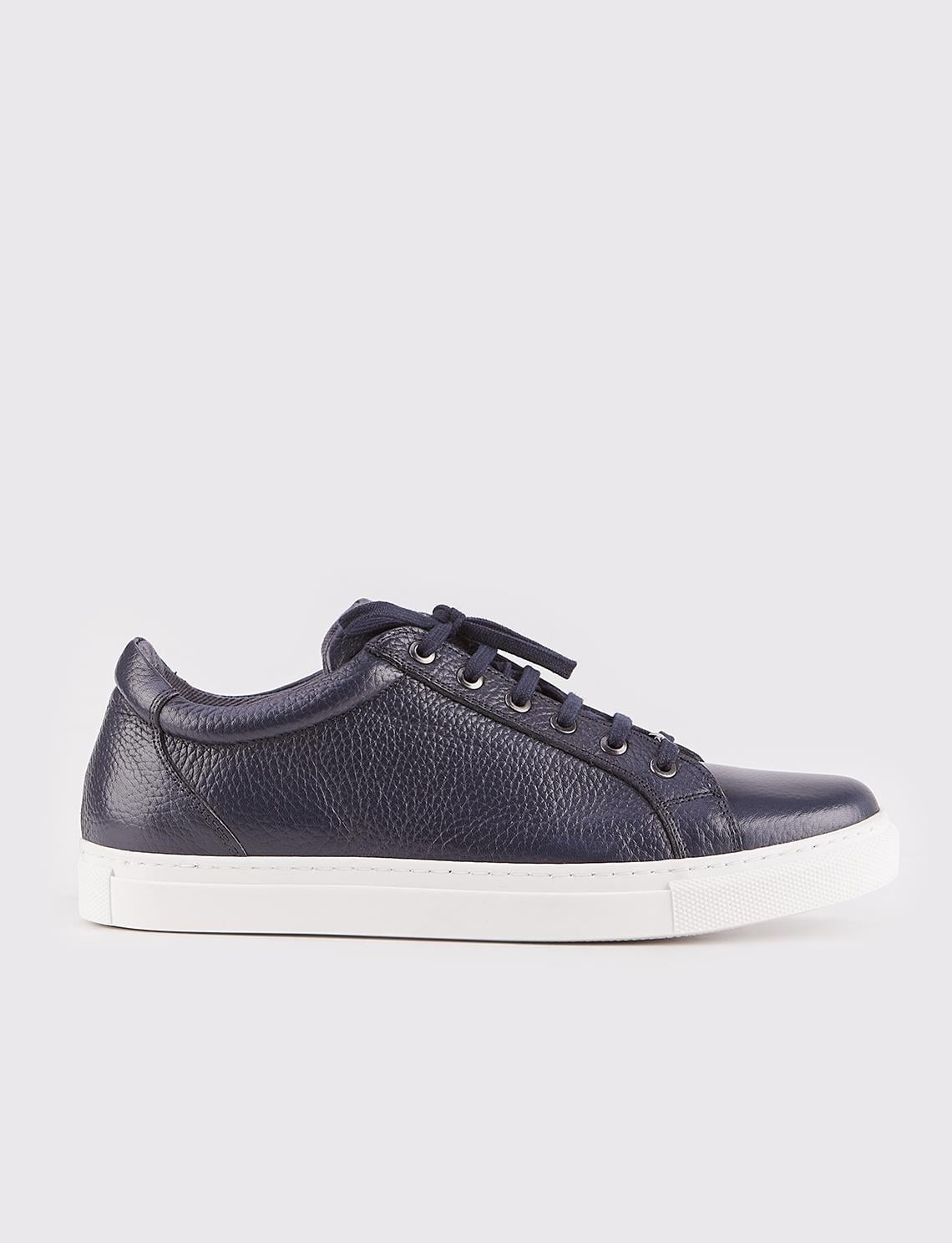 Genuine Leather Navy Blue Lace-up Men's Casual Shoes with Thermal Sole