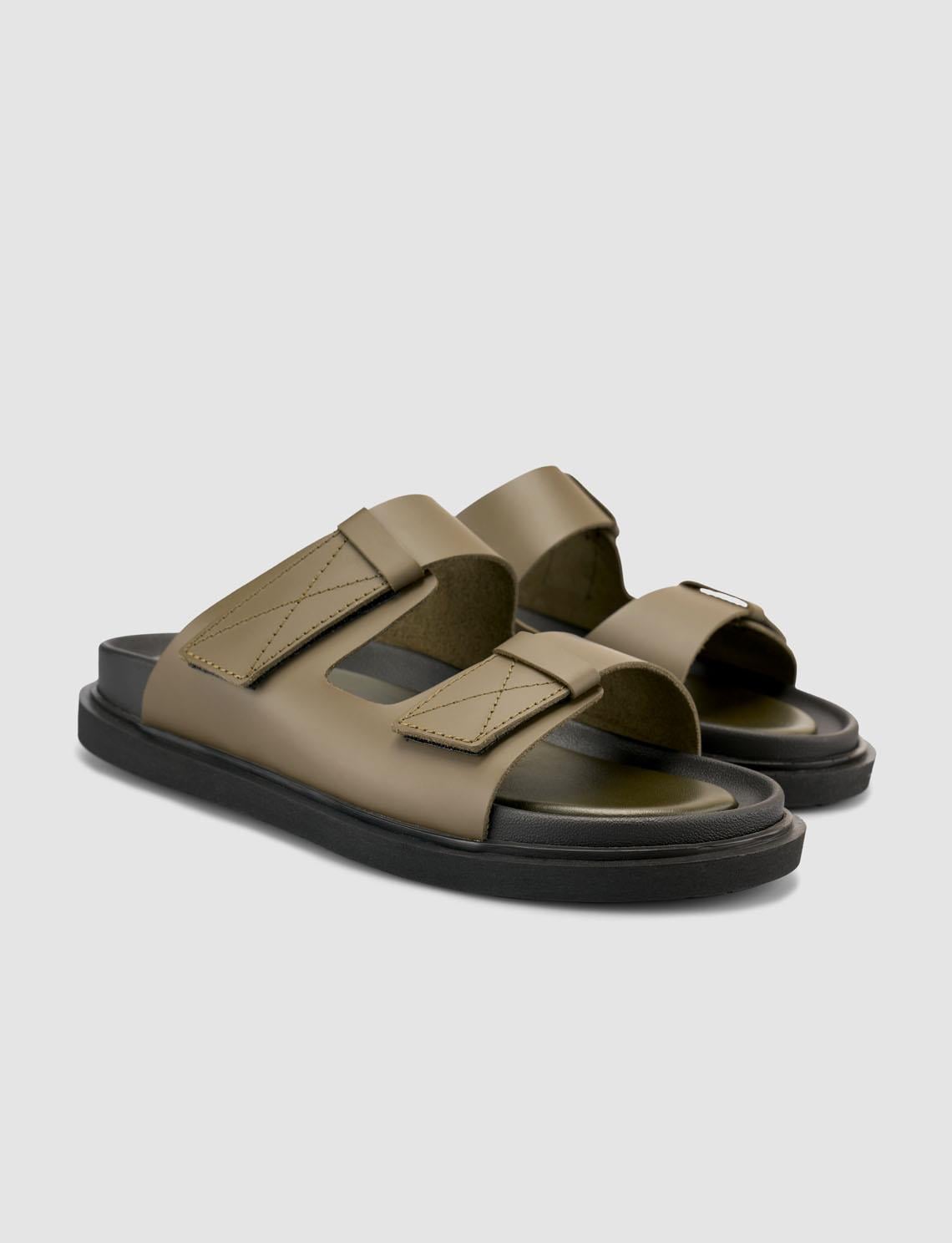 100% Genuine Leather Velcro Khaki Men's Slippers
