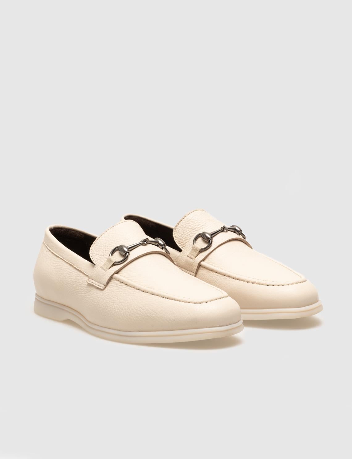 Genuine Leather Beige Buckle Men's Loafer