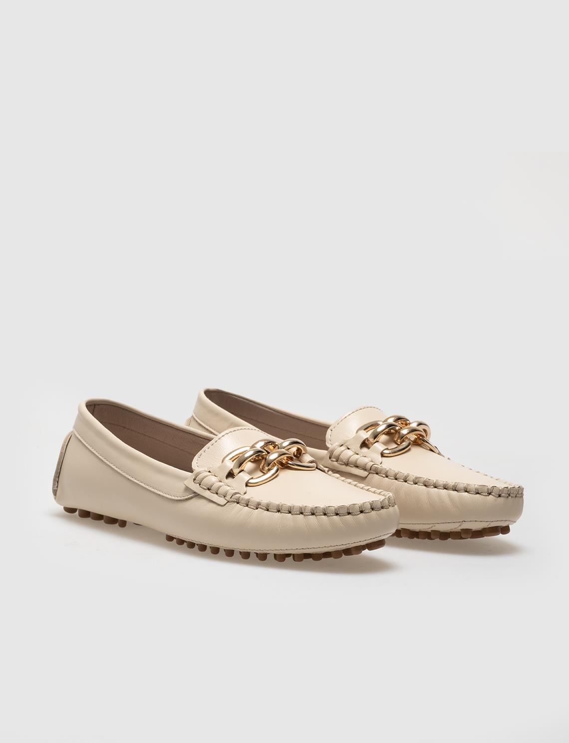 Genuine Leather Beige Buckle Women's Loafer