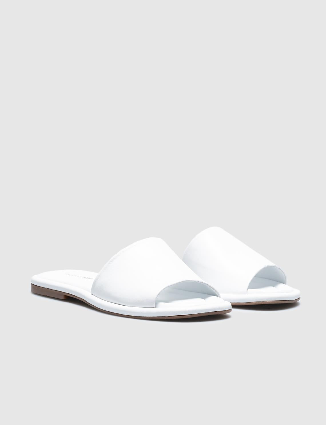 Genuine Leather White Women's Flat Slippers