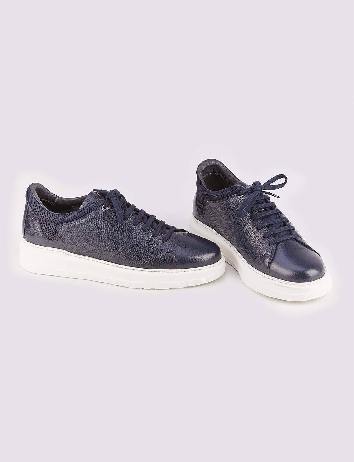 Genuine Leather White Sole Lace-up Men's Navy Blue Athletic Shoes