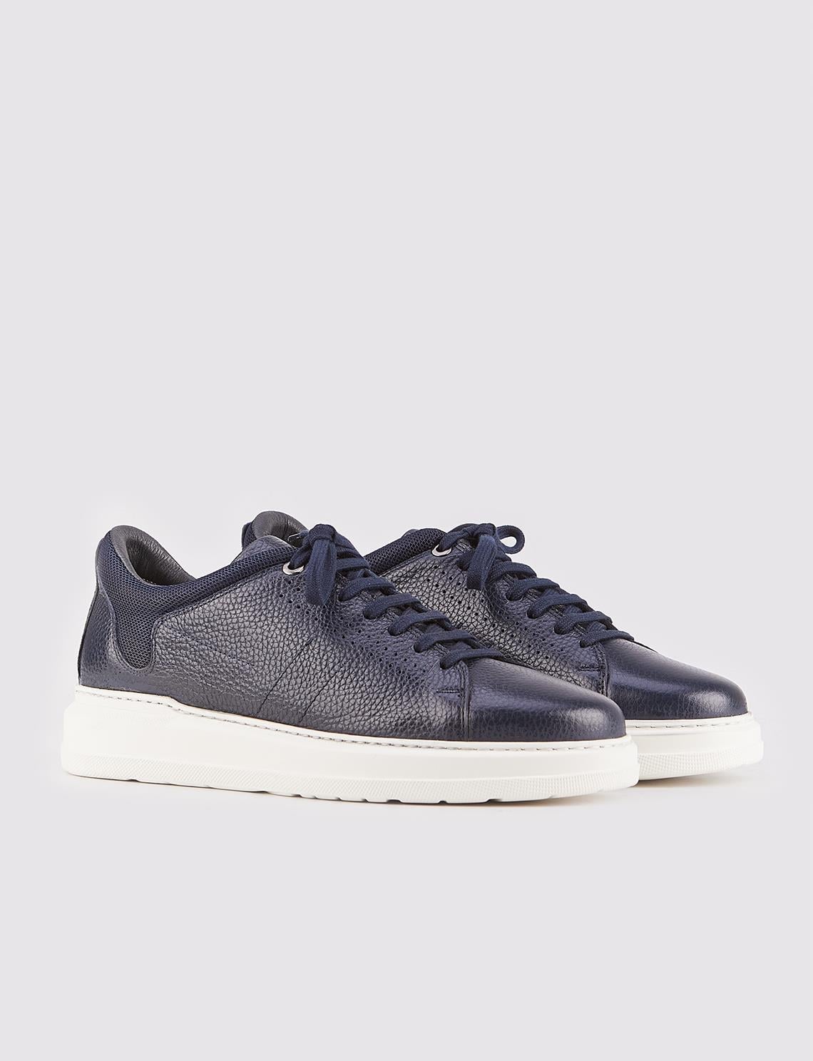 Genuine Leather White Sole Lace-up Men's Navy Blue Athletic Shoes