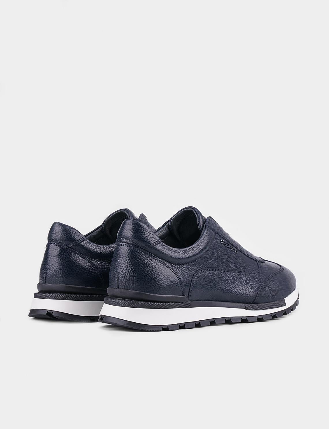 Genuine Leather Men's Navy Blue Athletic Shoes with White Sole