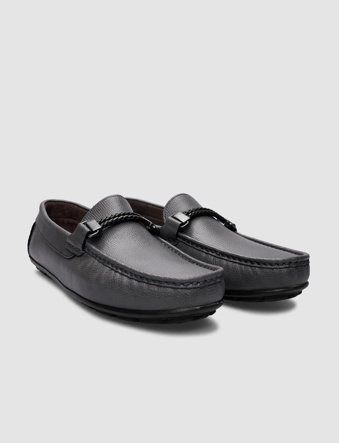100% Genuine Leather Grey Buckle Men's Loafer