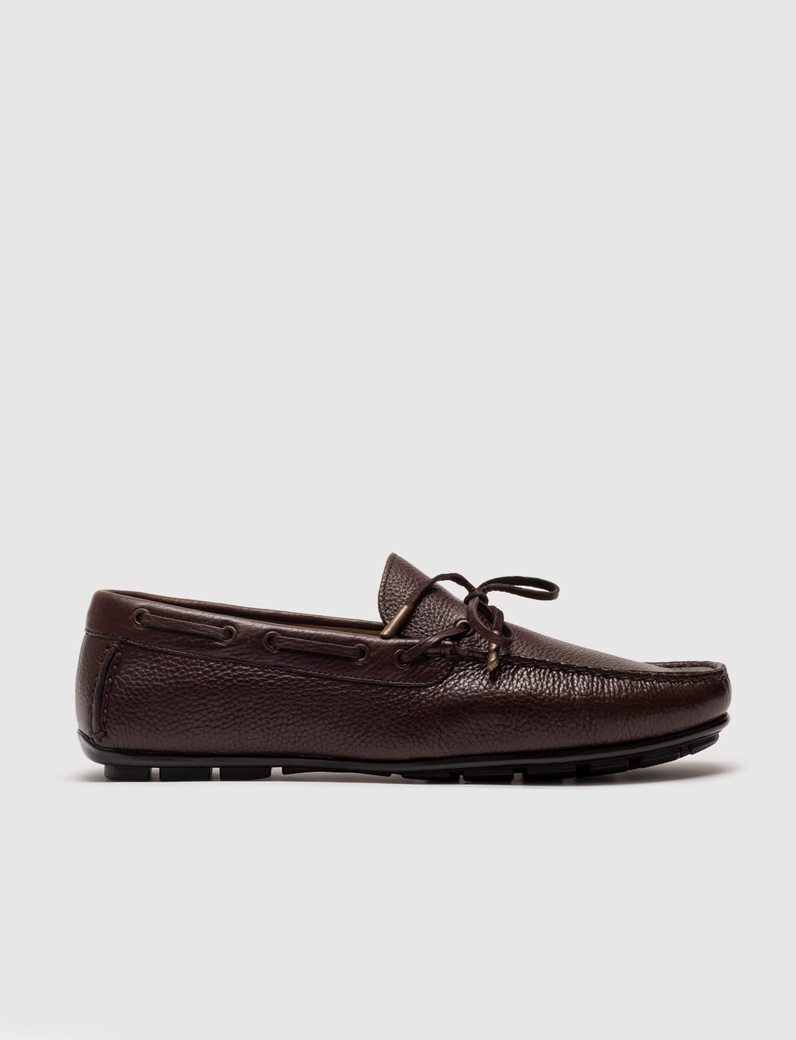 Genuine Leather Brown Men's Loafer Shoes with Lace-up Detail