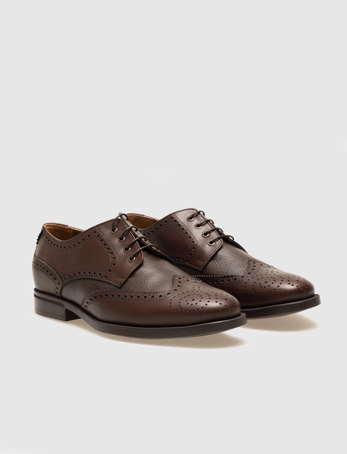 Genuine Leather Brown Lace-up Patterned Men's Casual Shoes