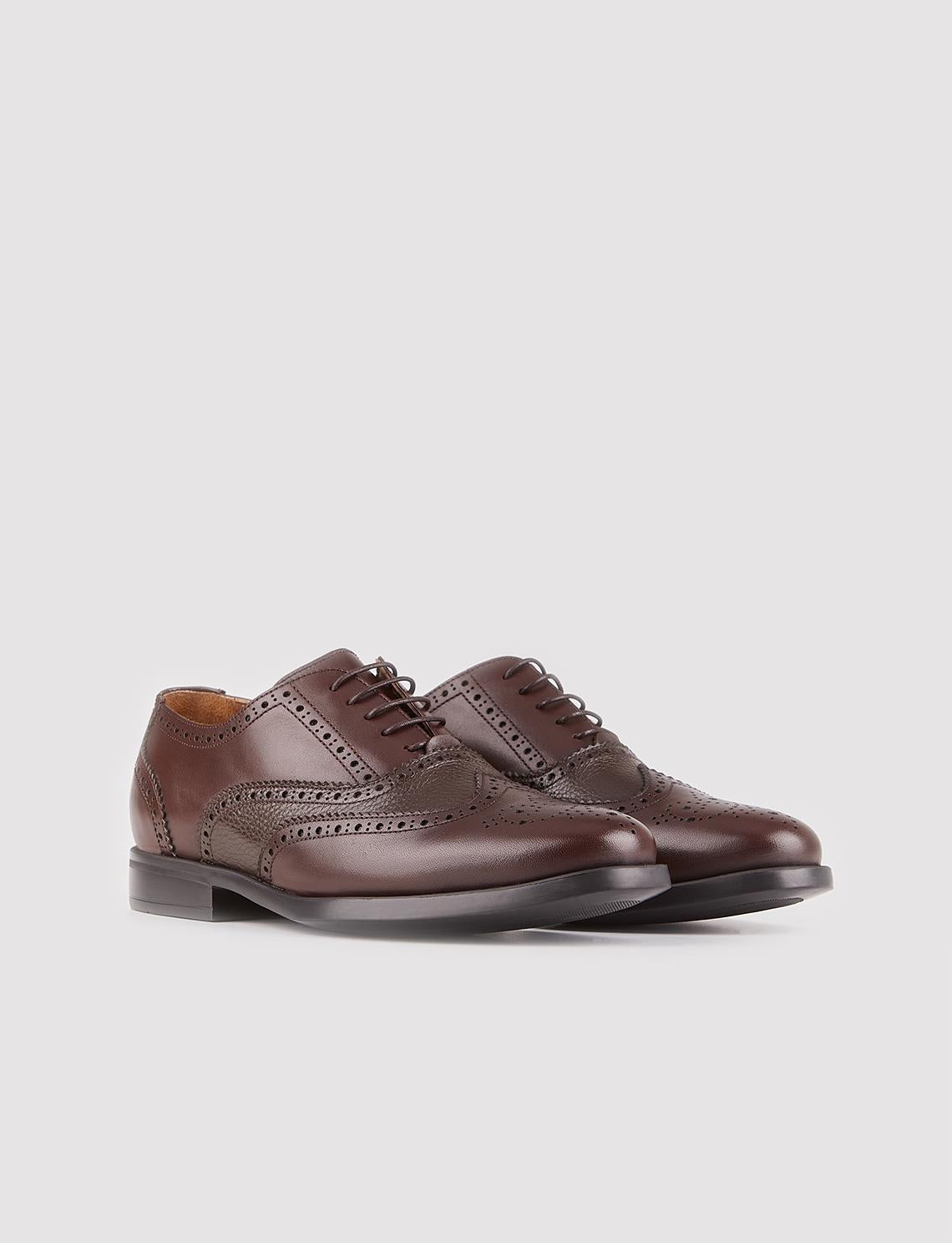 Genuine Leather Brown Lace-up Patterned Men's Shoes