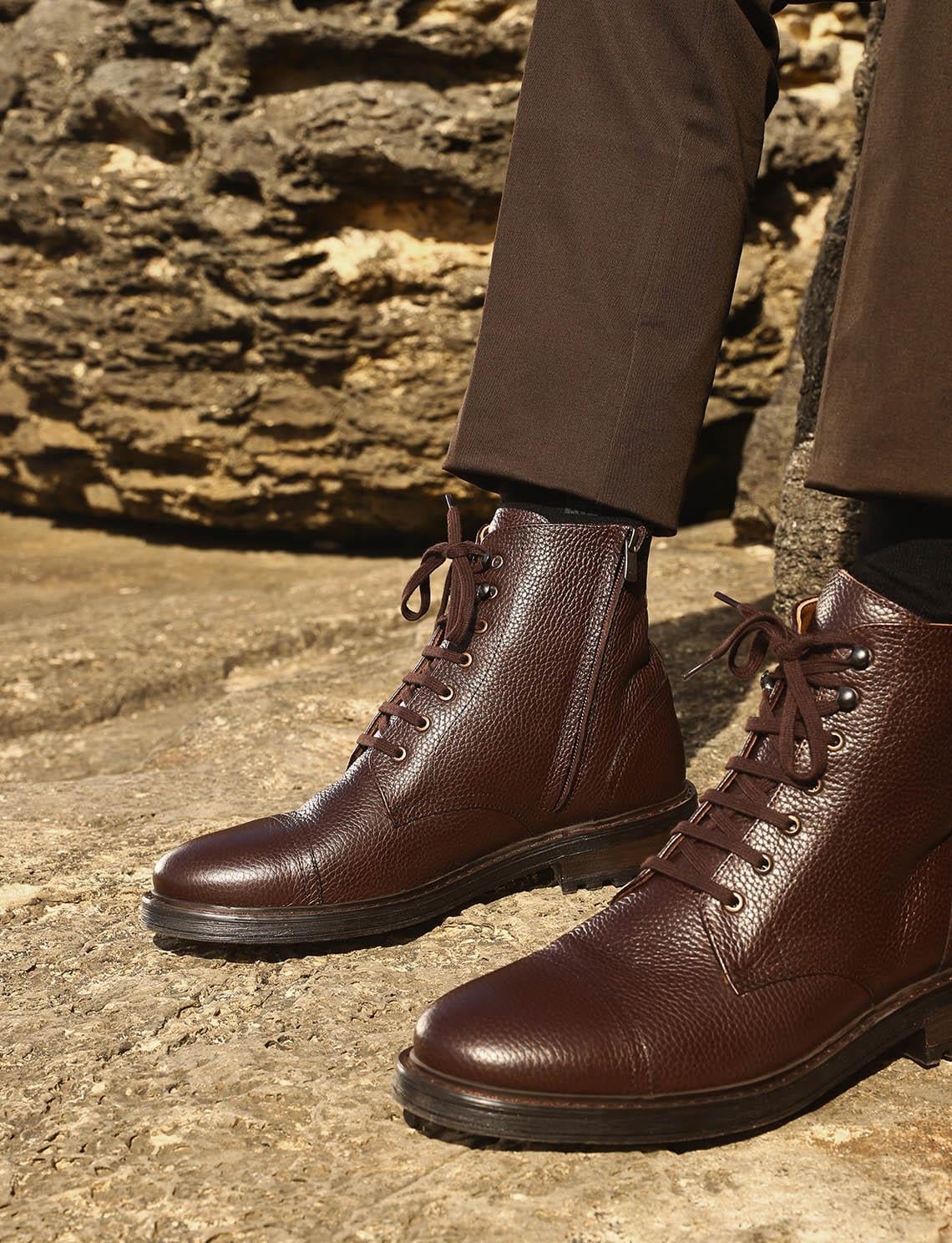 Genuine Leather Brown Lace-up Zipper Men's Winter Casual Boots