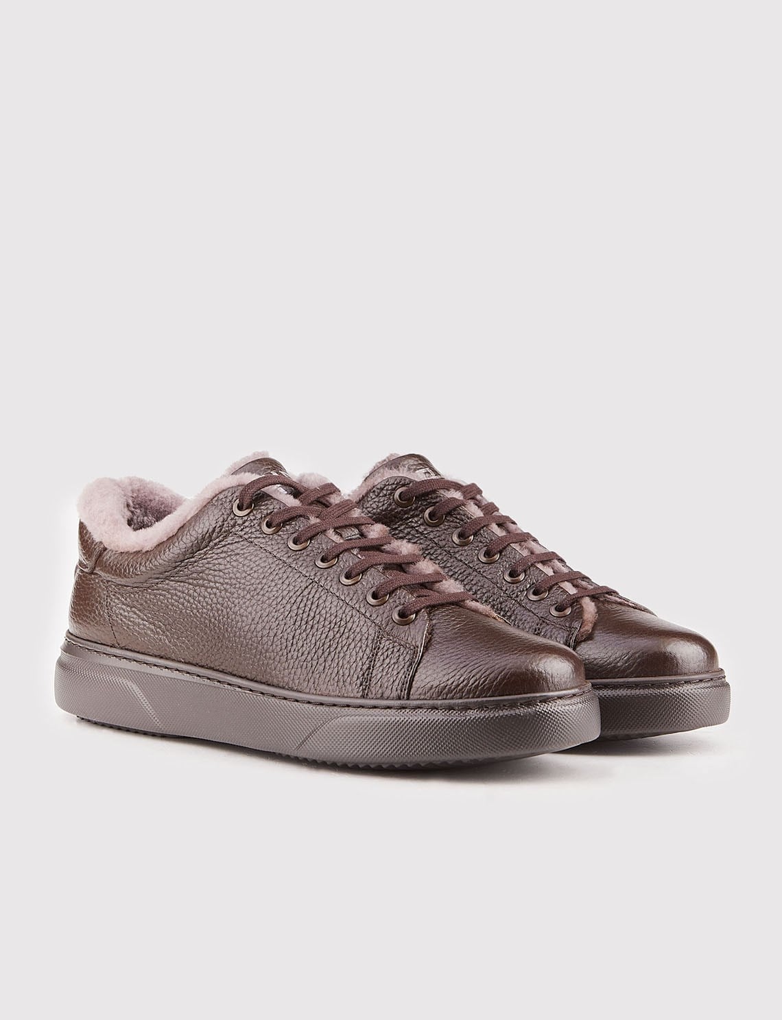 Genuine Leather Brown Lace-up Fur-Lined Men's Athletic Shoes