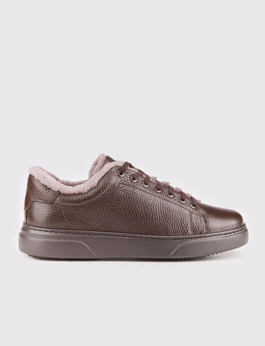 Genuine Leather Brown Lace-up Fur-Lined Men's Athletic Shoes