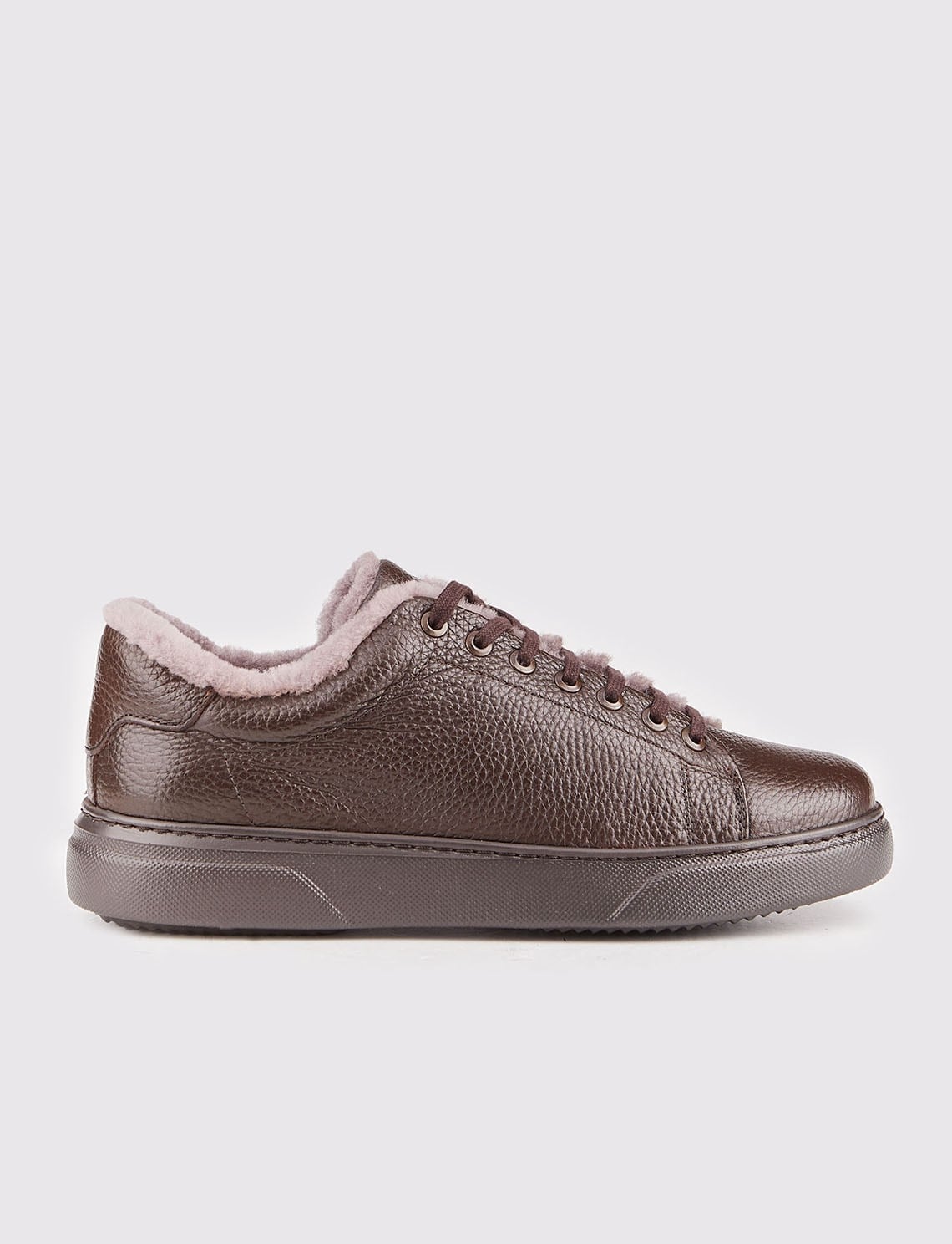 Genuine Leather Brown Lace-up Fur-Lined Men's Athletic Shoes