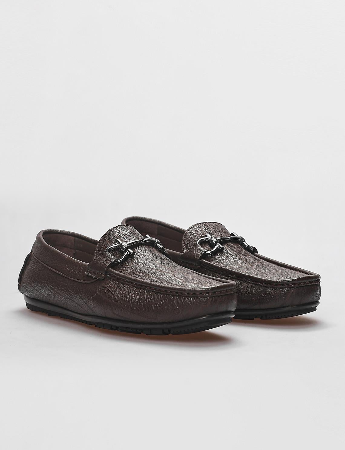 Genuine Leather Brown Men's Loafer with Buckle Detail
