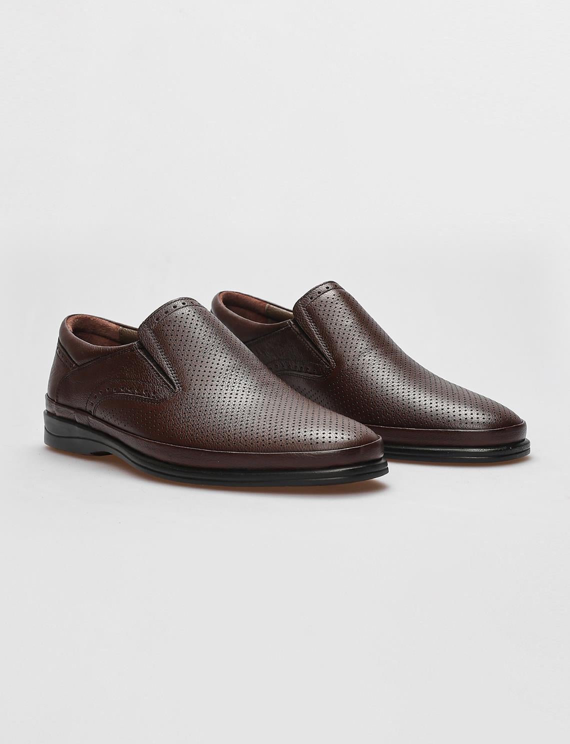 Genuine Leather Brown Laser Detail Men's Casual Shoes