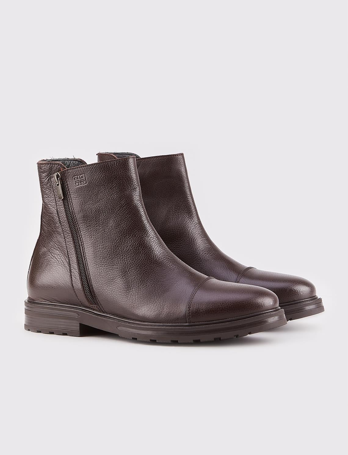 Genuine Leather Brown Zippered Casual Men's Boots
