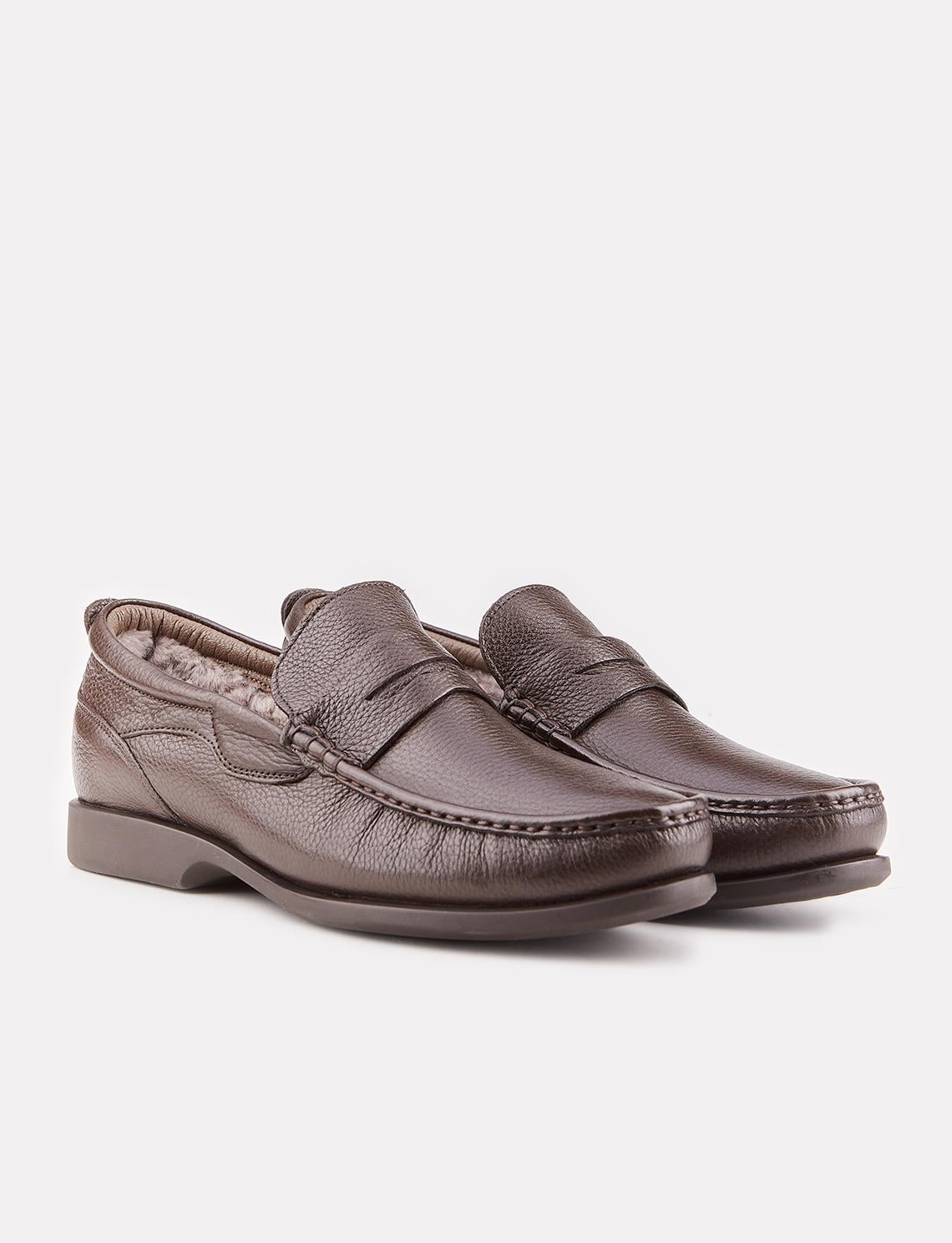 Genuine Leather Brown Fur-Lined Men's Loafer Casual Shoes