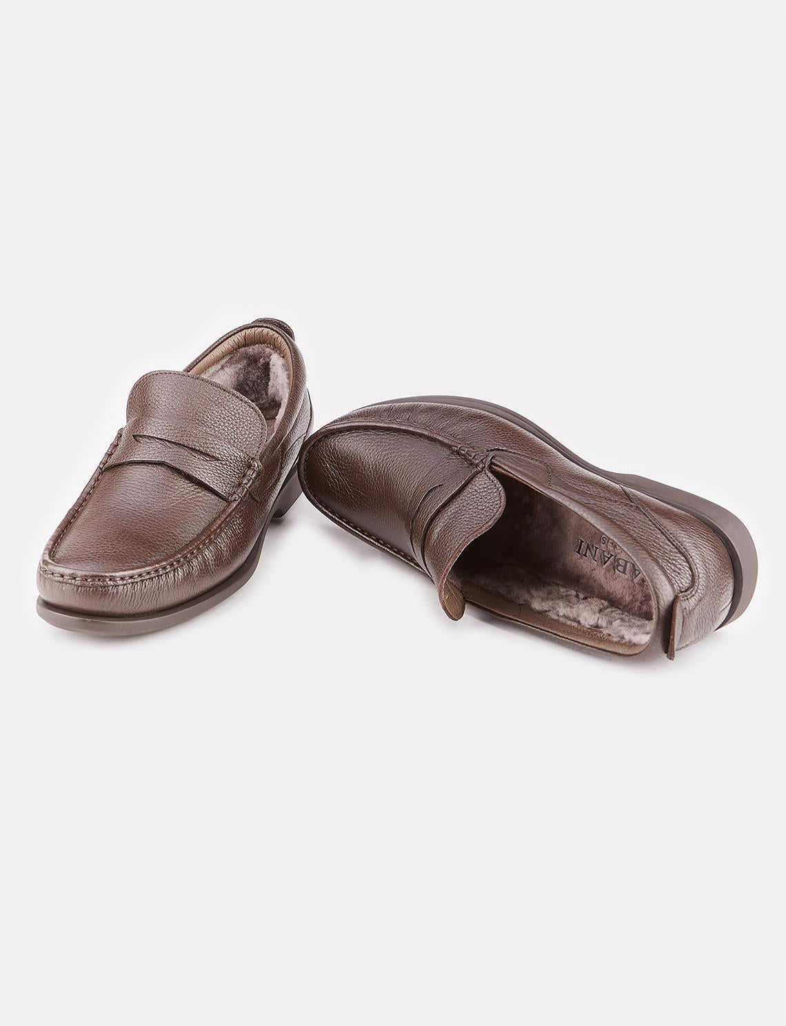Genuine Leather Brown Fur-Lined Men's Loafer Casual Shoes