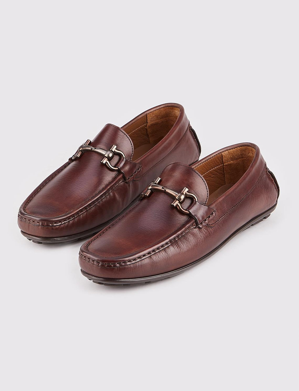 Genuine Leather Brown Men's Loafer Shoes with Metal Accessories