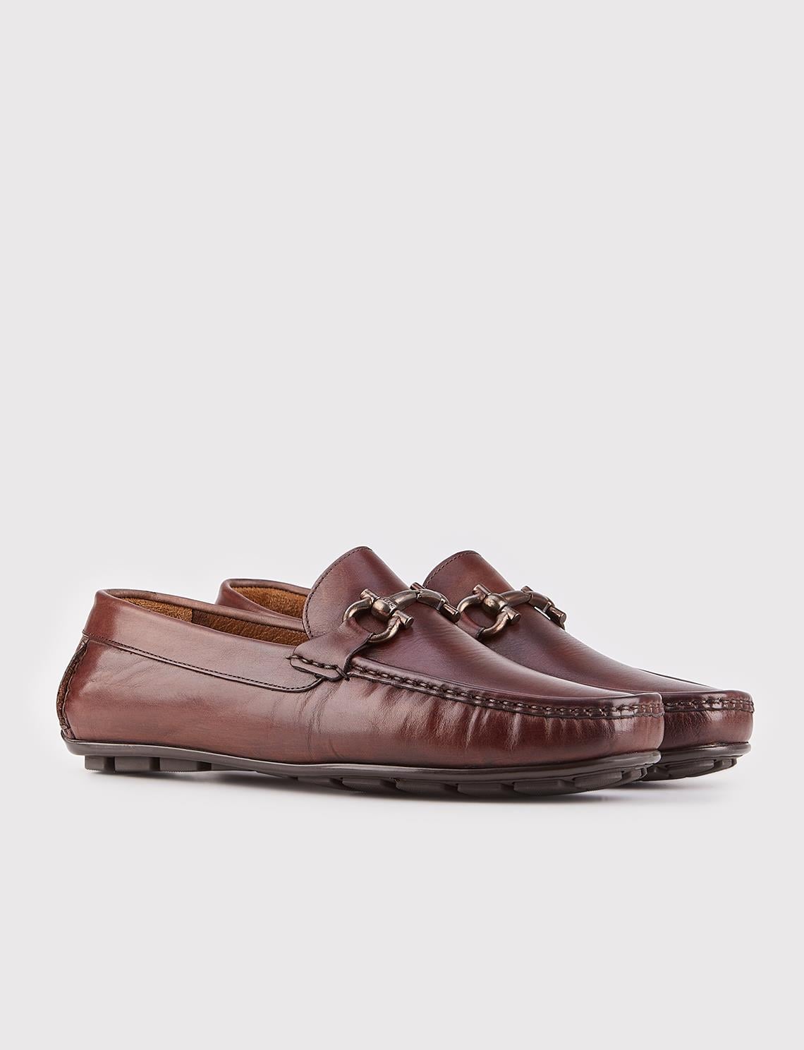 Genuine Leather Brown Men's Loafer Shoes with Metal Accessories