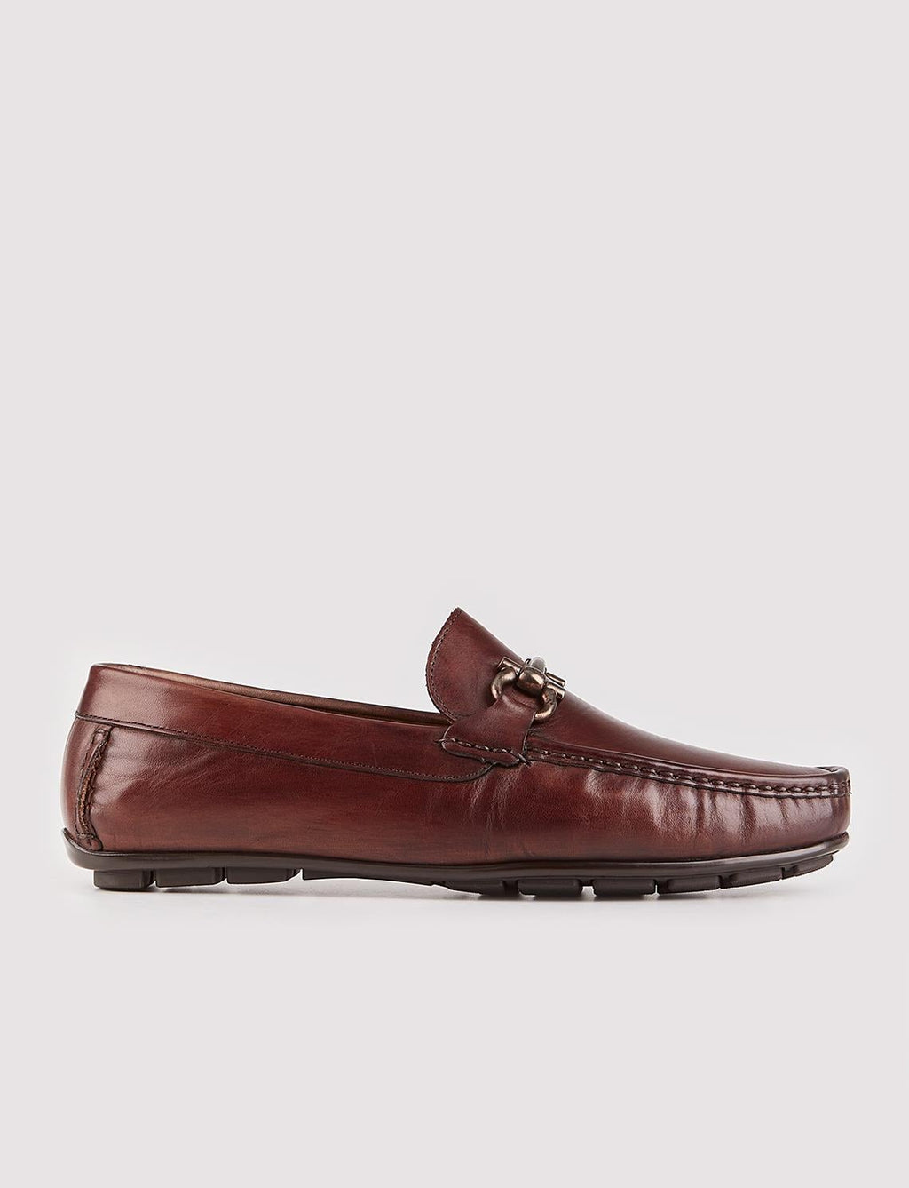 Genuine Leather Brown Men's Loafer Shoes with Metal Accessories