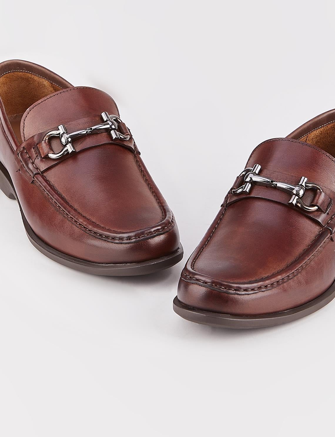 Genuine Leather Brown Men's Loafer Shoes with Buckle Accessory