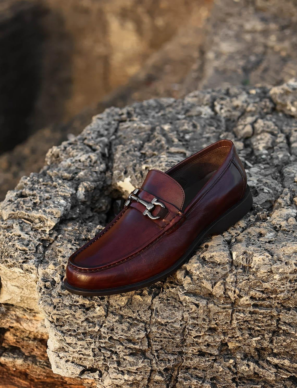 Genuine Leather Brown Men's Loafer Shoes with Buckle Accessory