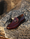 Genuine Leather Brown Men's Loafer Shoes with Buckle Accessory