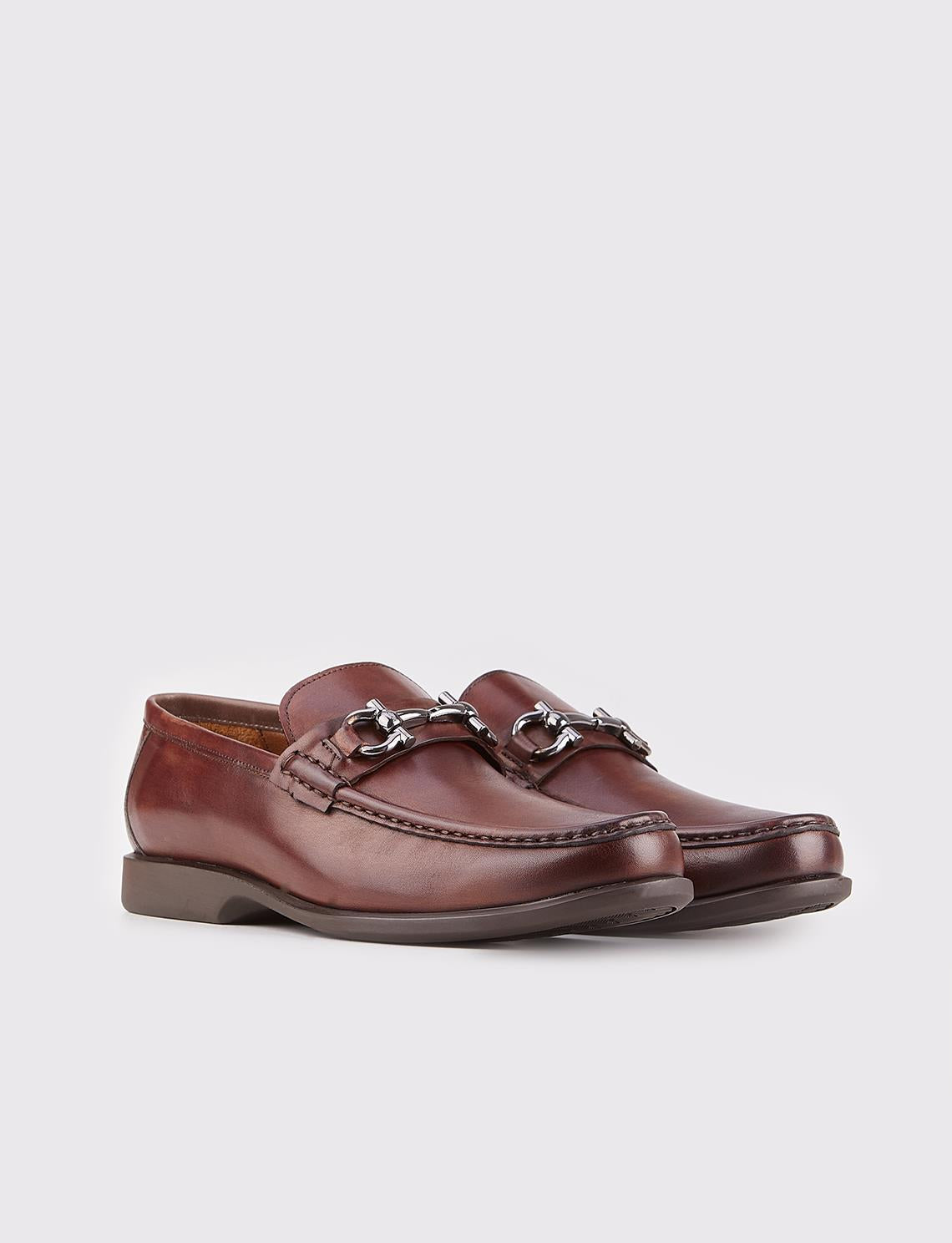 Genuine Leather Brown Men's Loafer Shoes with Buckle Accessory