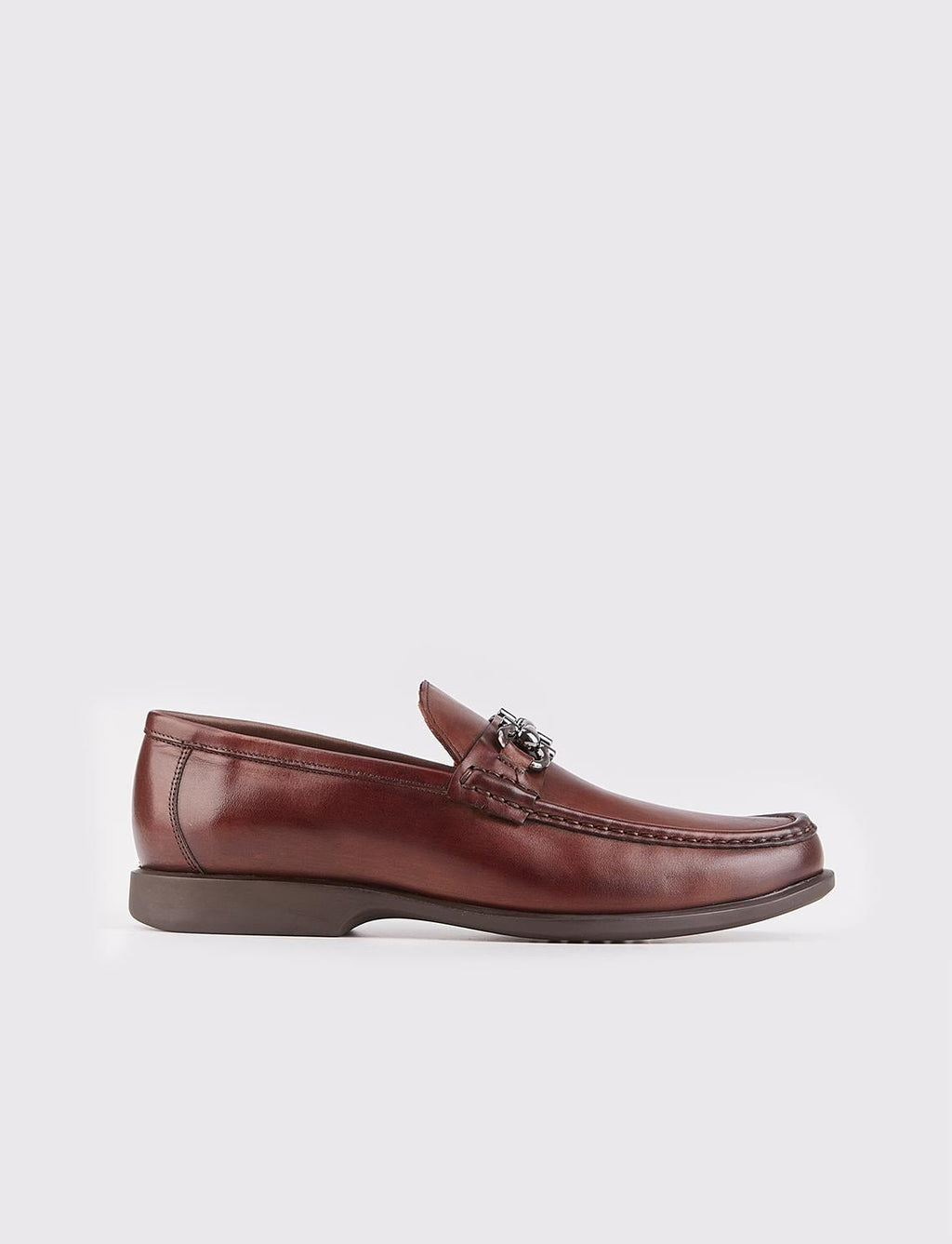 Genuine Leather Brown Men's Loafer Shoes with Buckle Accessory