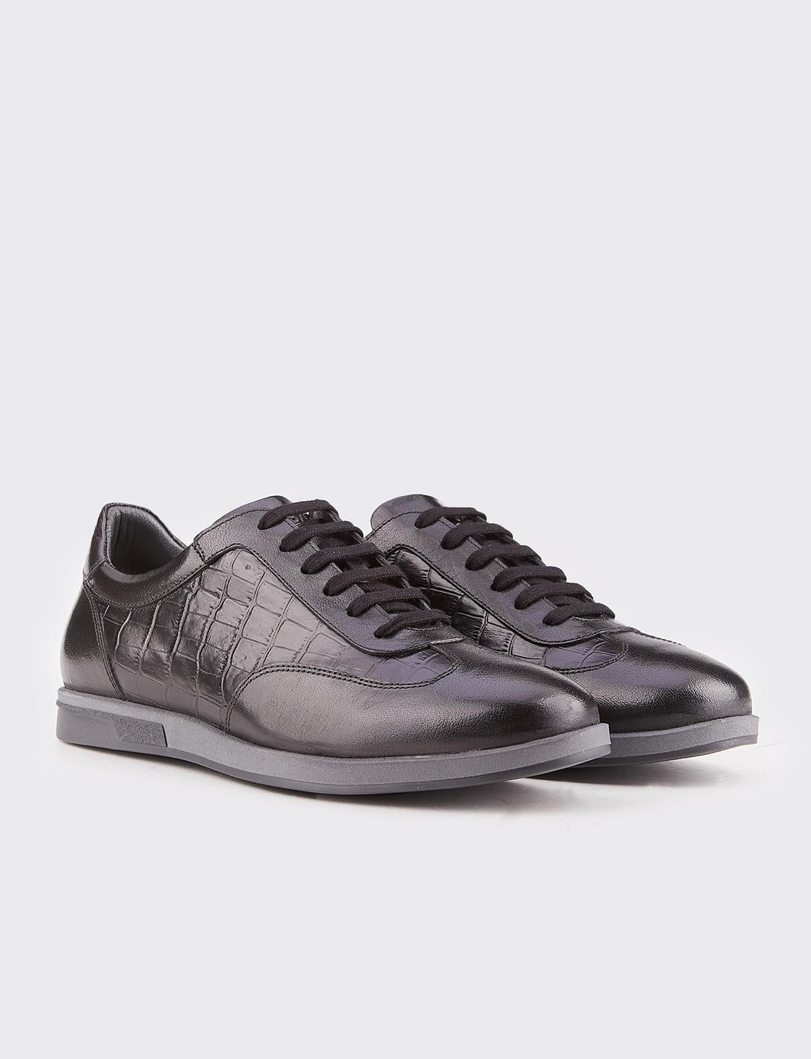 Genuine Leather Rubber Sole Black Lace-up Men's Athletic Shoes