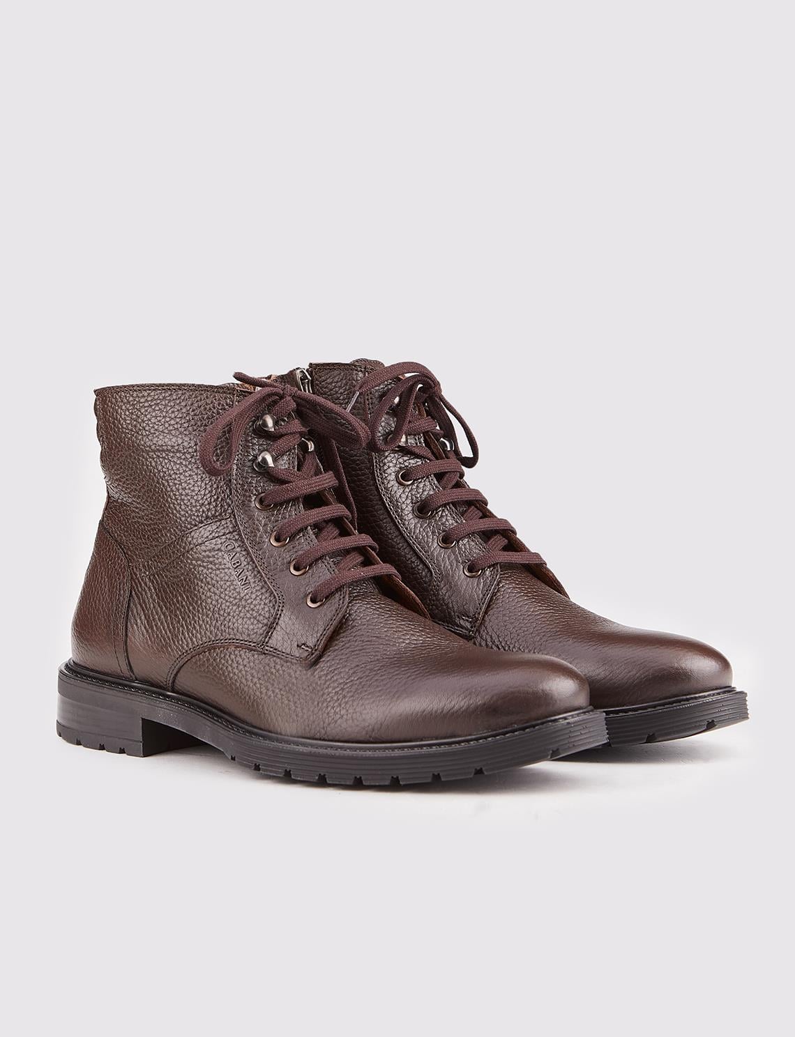 Genuine Leather Men's Casual Boots with Rubber Sole and Brown Laces