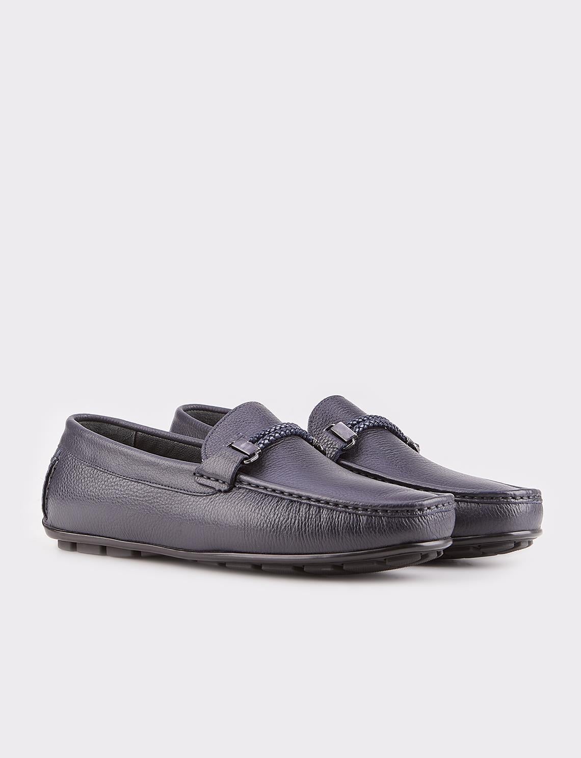 Genuine Leather Men's Loafers in Navy Blue with Rubber Sole