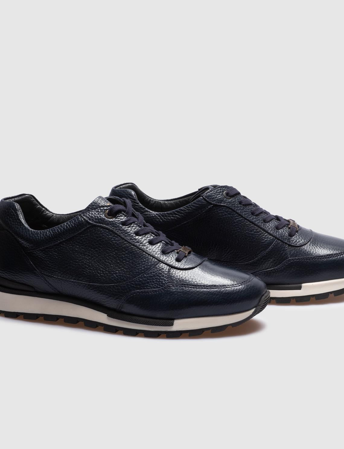 Genuine Leather Navy Blue Lace-up Men's Athletic Shoes