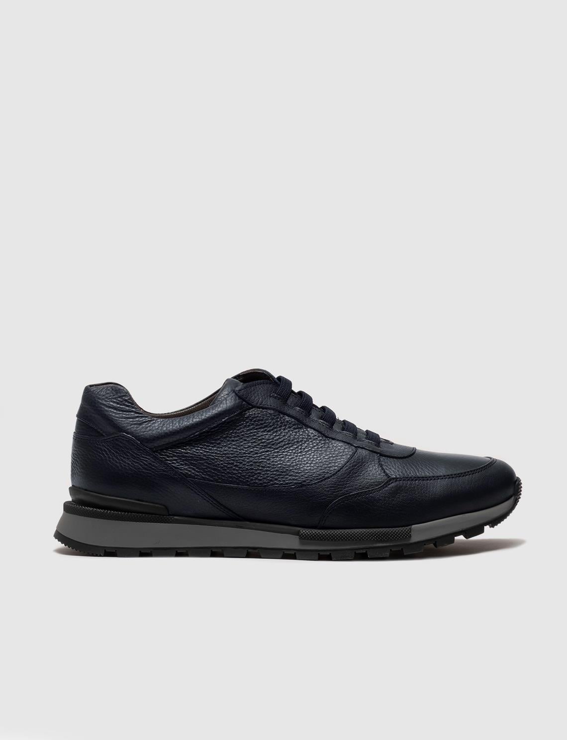 Genuine Leather Navy Blue Lace-up Men's Athletic Shoes