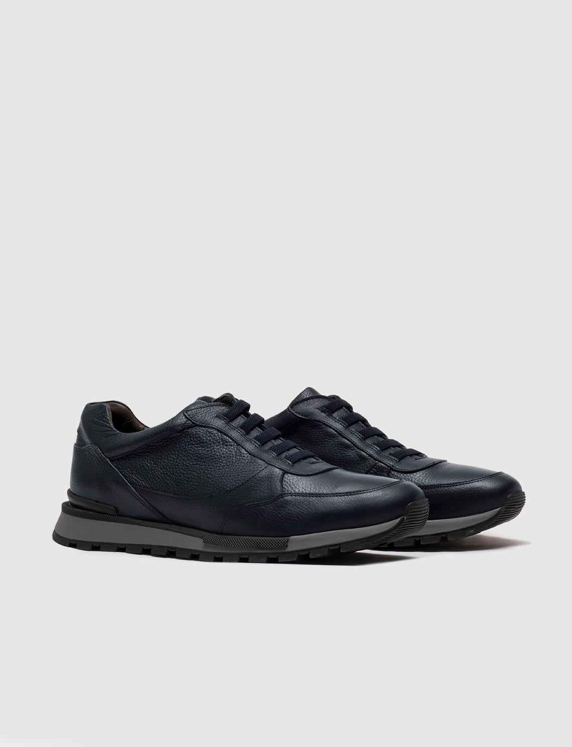 Genuine Leather Navy Blue Lace-up Men's Athletic Shoes