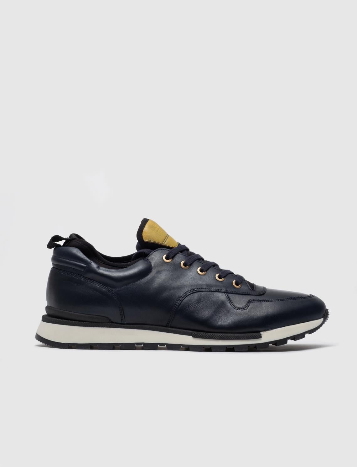 Genuine Leather Navy Blue Lace-up Special Design Men's Athletic Shoes