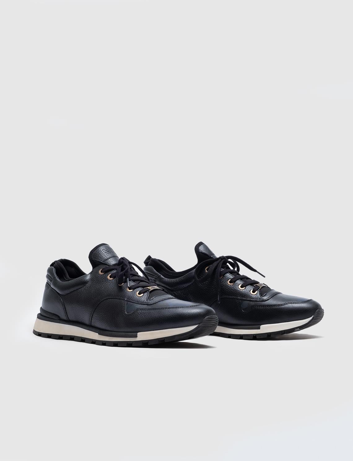 Genuine Leather Navy Blue Lace-up Stretch Detail Men's Athletic Shoes
